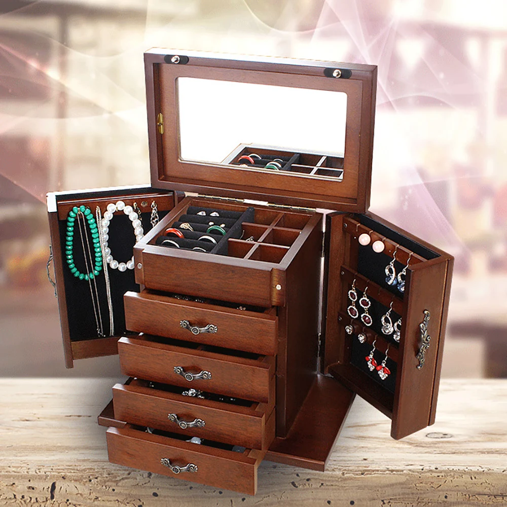 

LOYALHEARTDY Brown Retro Wooden Jewelry Box Women Jewelry Organizer Necklace Ring Case Cabinet Makeup Box 5 Layer With Mirror