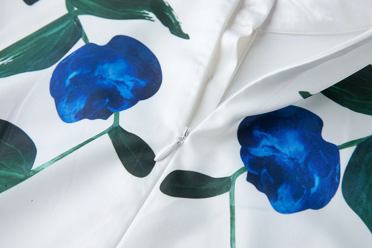 Letnia nowa koszula z nadrukiem Wąskie sukienki damskie Stójka Wysoka talia Krótki rękaw A-Line Długa sukienka Moda Party Sukienka z paskiem