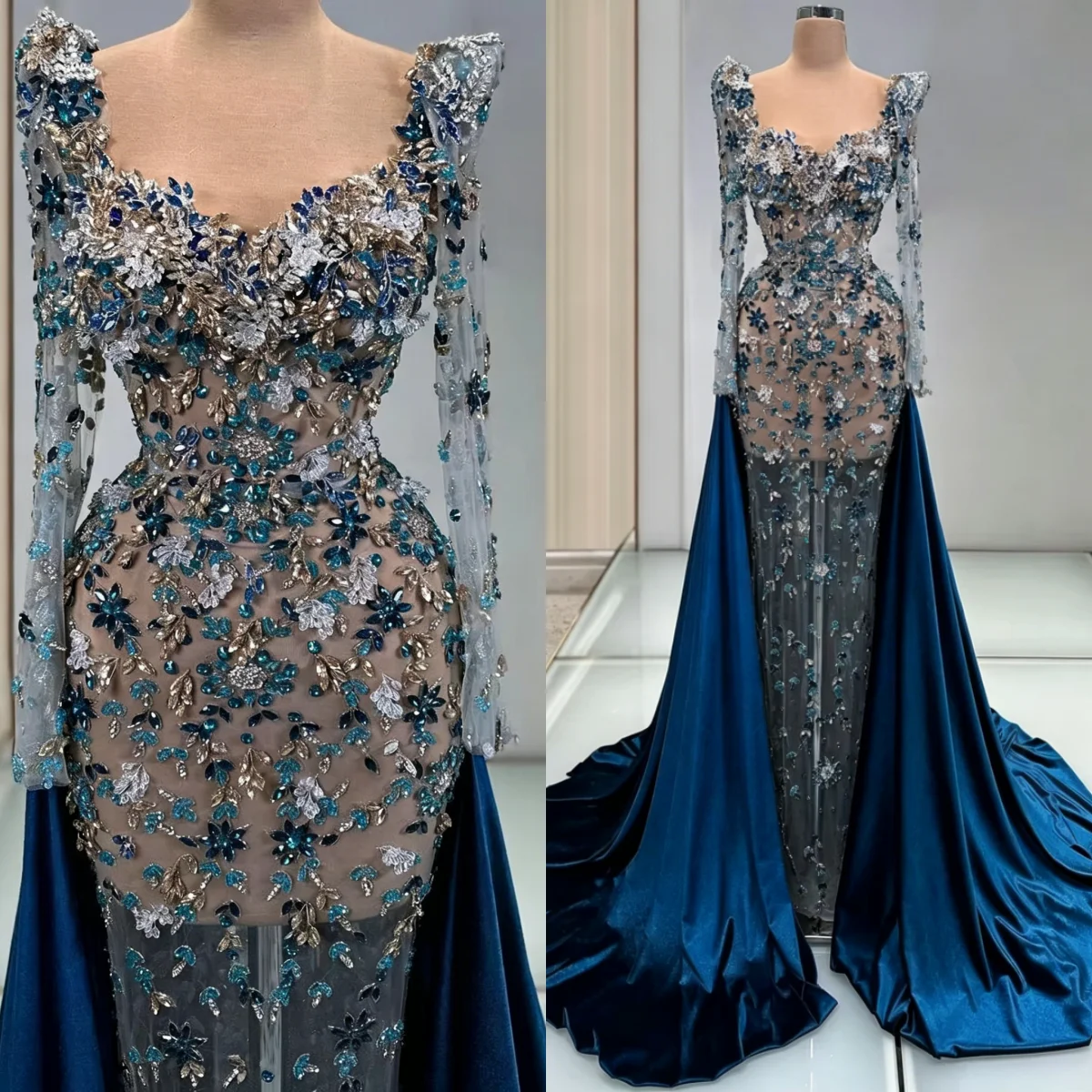 

Glamorous Crystals Mermaid Evening Dresses Long Sleeve Floor Length Prom Gowns Beaded Vestidos De Noche Customized