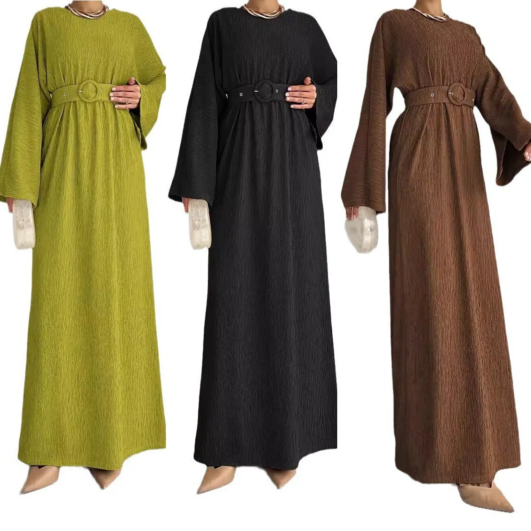 

Black Dresses for Muslim Women Elegant High-waisted Round Neck with Belt Summer Autumn Evening Party Dubai Clothing Abayas