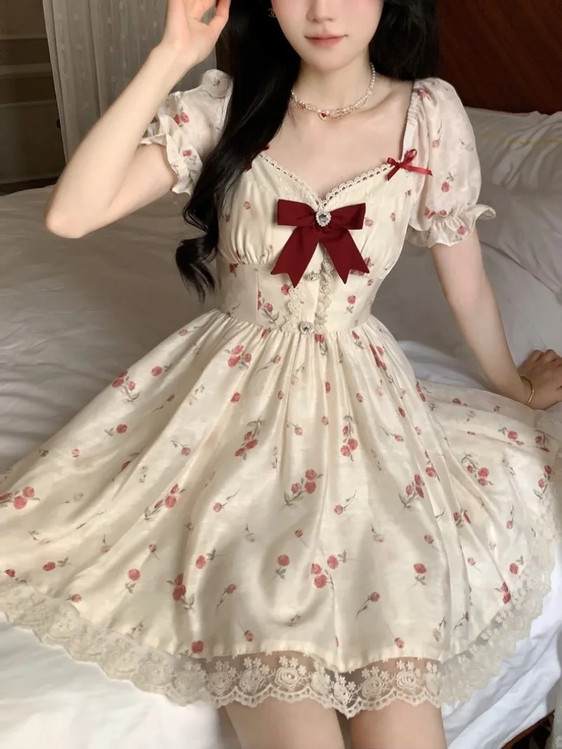 

Sweet bow Dress Women V Neck Kawaii Lace Trim Mini Dress New 2024 French Floral A-line Princess Dress Elegant Party Dresses