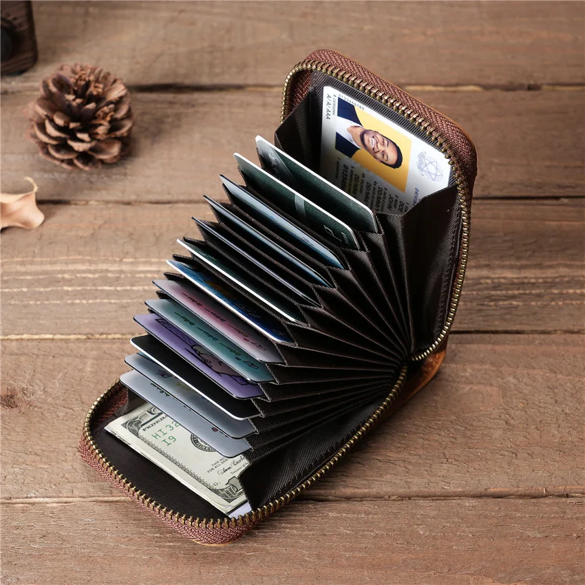 Multi Card Holder Wallet With ID Window Men Genuine Leather Driver License Coin Purse Vintage Cowhide Leather Credit Card Holder