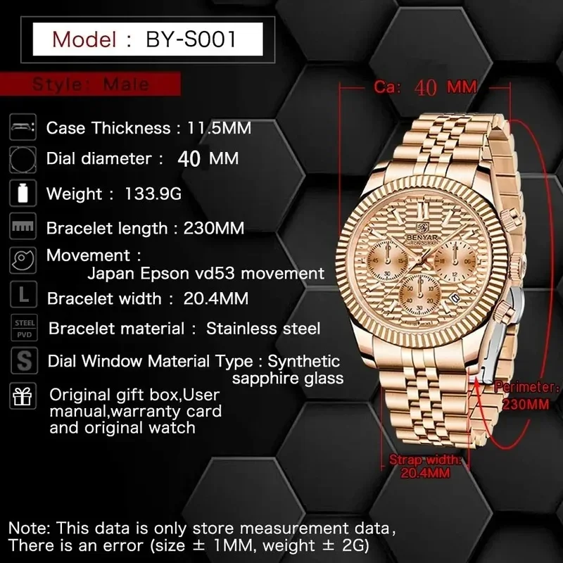 BENYAR-S001 Quartz Chronograph Watch Fluted Bezel Textured Dial Stainless Steel Bracelet Multi-color Option Business Luxury Male