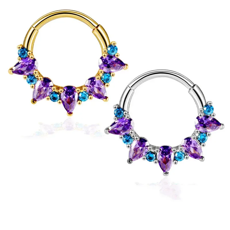 Fashion Gold Color Nose Rings for Women Earrings Surgical Steel Septum Ring Purple Cubic Zirconia Falso Nose Septum Piercing