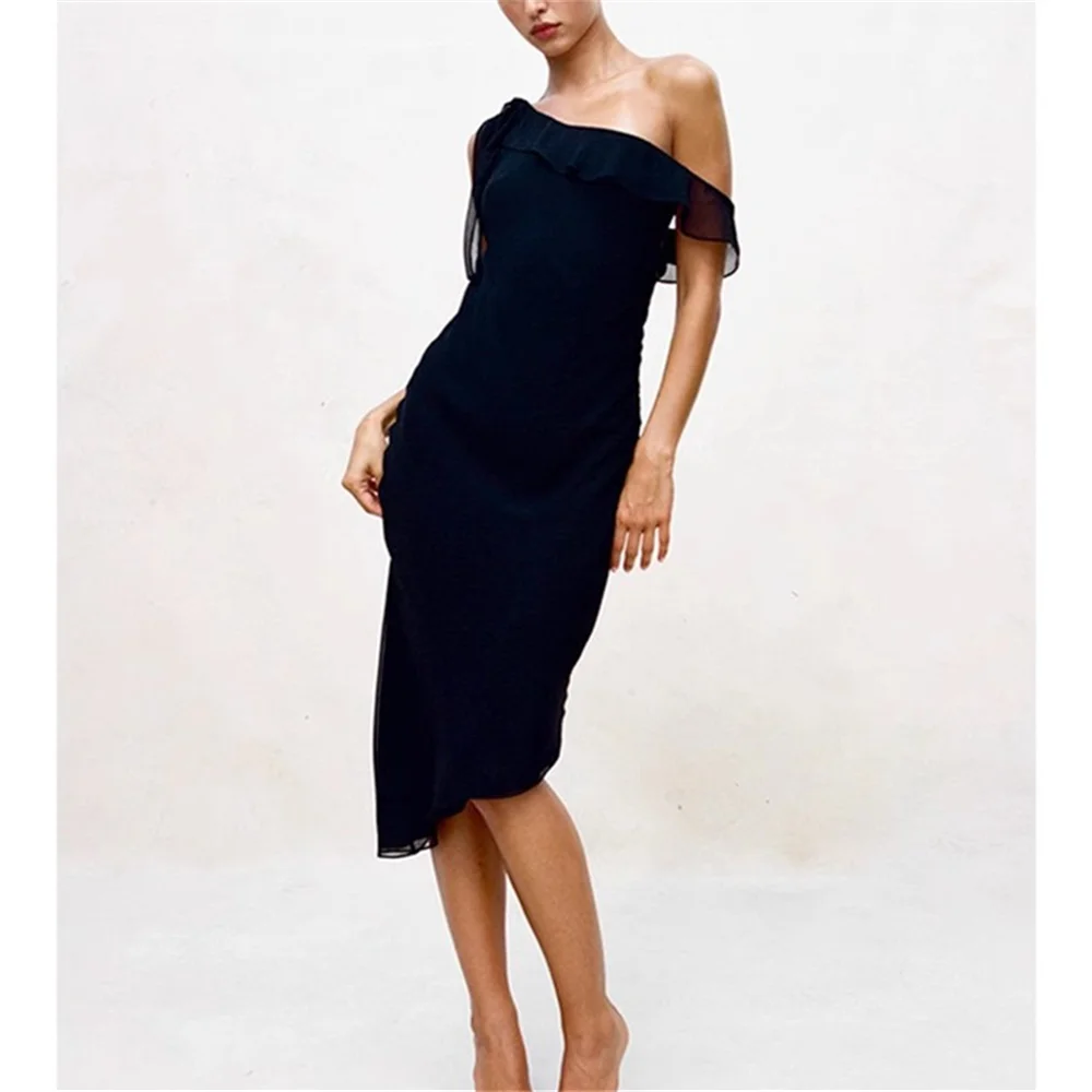 

Slanted Shoulder Women French Vacation Dress Asymmetrical Hem Waist Cinching Ladies Midi Dresses Spring Summer