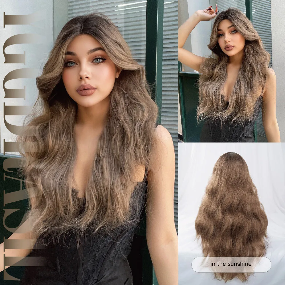 28Inch Honey Tea With Brown Roots Synthetic Wigs Middle Part Long Natural Wavy Hair Wig For Women Daily Use Heat Resistant