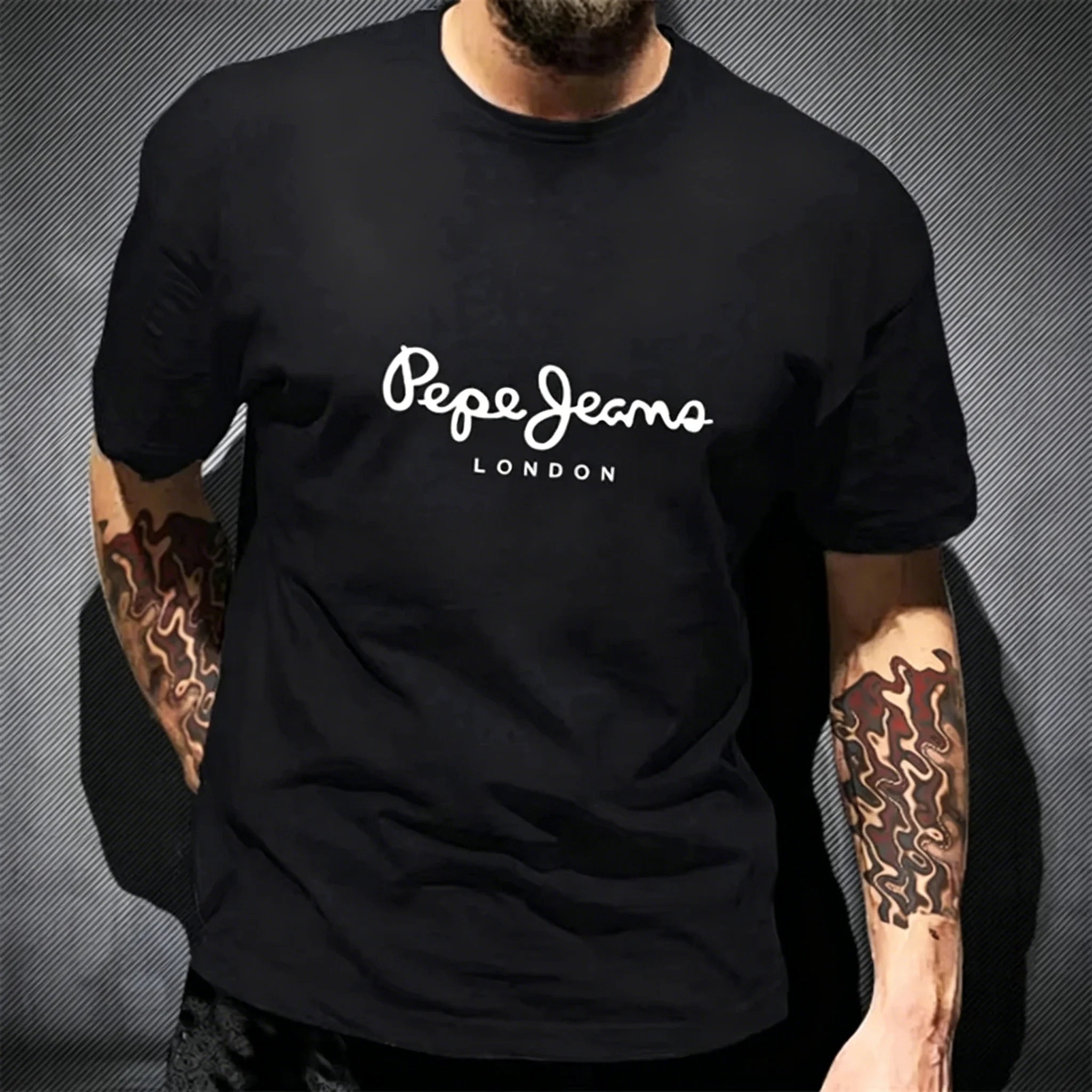 Pepe Jeans London Grafik-T-Shirt für Herren, Schwarz, lässig, Rundhalsausschnitt, kurze Ärmel, Streetwear, Baumwolle, Alltags-Top – Detail 12