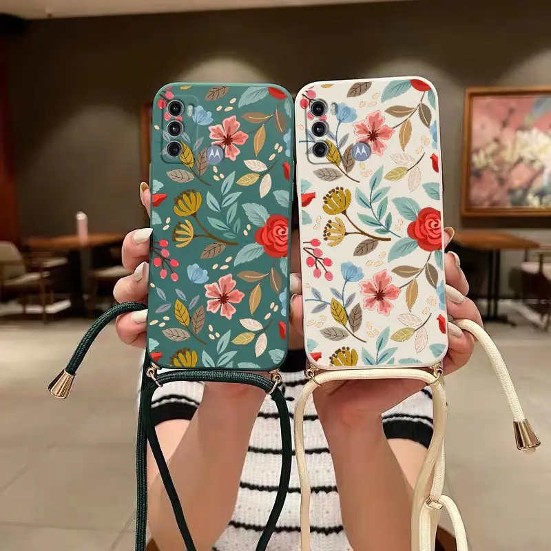G60 Five Petals FlowerLanyard Silicone Phone Case For Motorola Moto G60 G62 G54 G24 G52 G84 G60S G100 G30 G40F G34 G42 G13 Cover