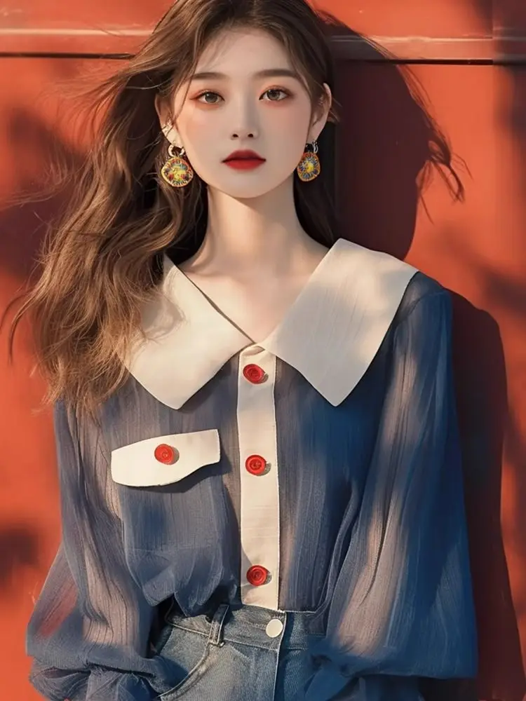 เสื้อชีฟองแขนยาวทรงโคมไฟสไตล์เรโทรสำหรับผู้หญิง เสื้อทำงานลำลองทรงโอเวอร์ไซส์