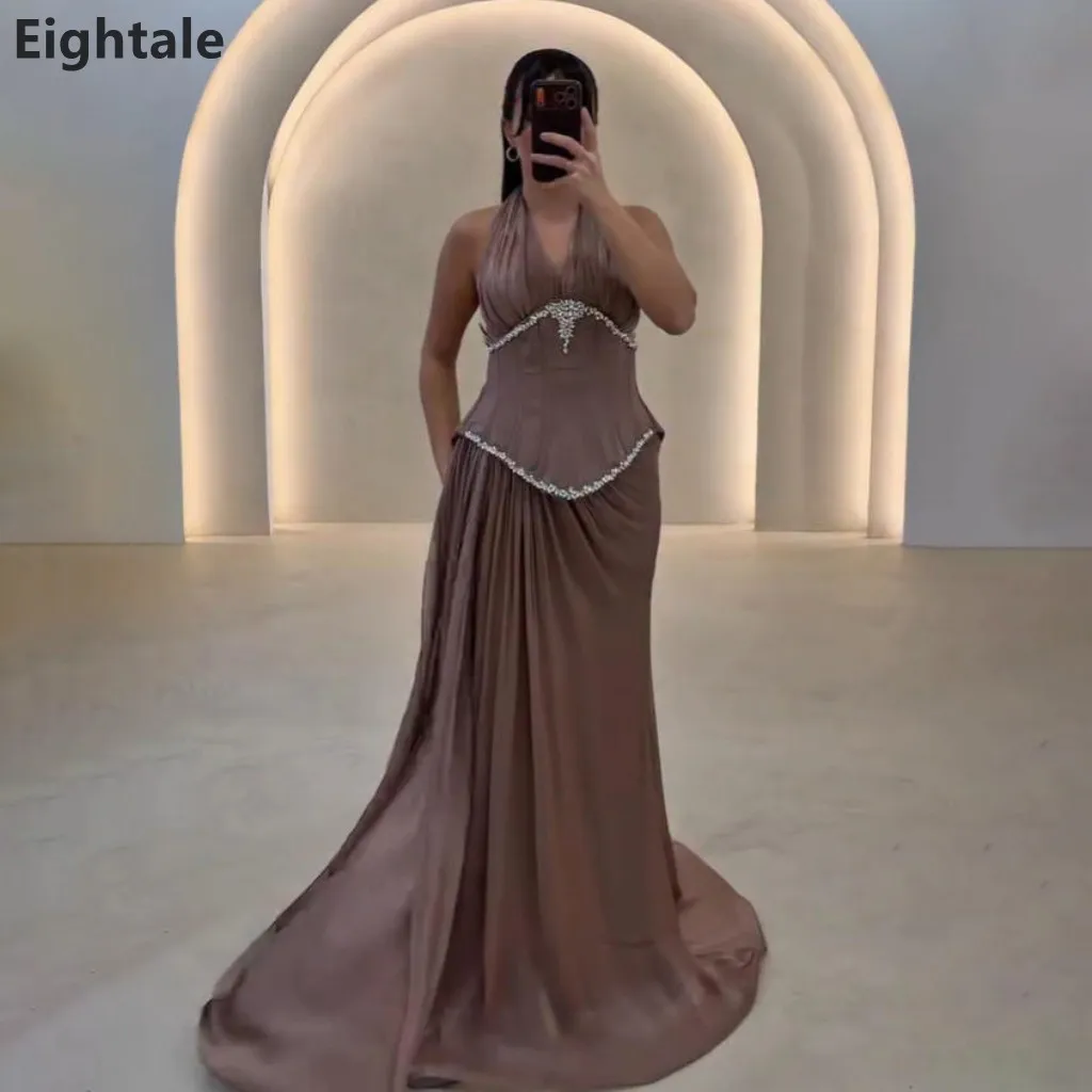 

Eightale 2026 Taupe Halter Neck Evening Dress Beaded Corset Satin Mermaid Prom Dress Draped Train Formal Party Gown Customized