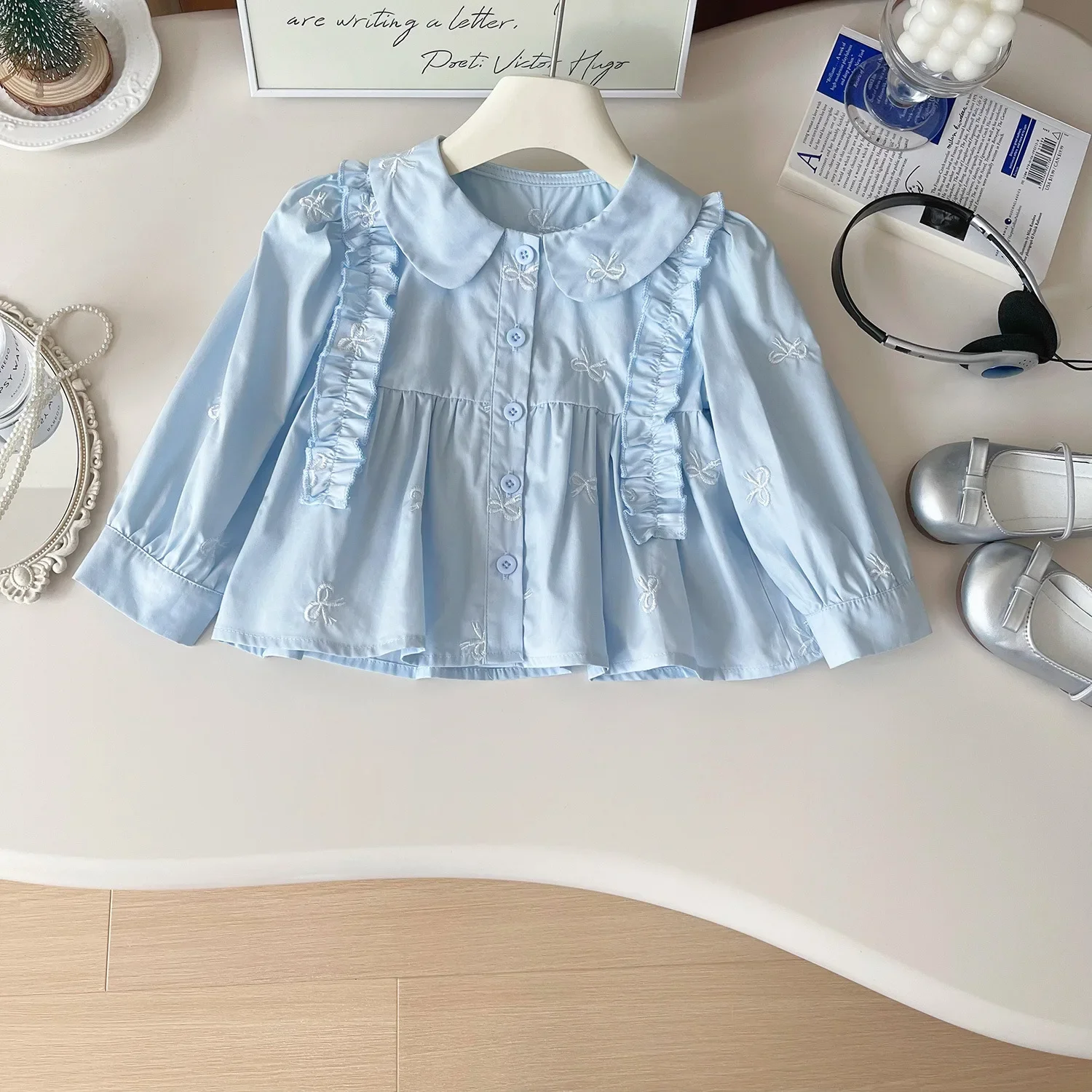 

Tops Shirts Blouses Elegant Girl Kids Spring Autumn Clothes Children Jackets 2025 Baby Girls Fashion Lace Bow Embroidery Cotton
