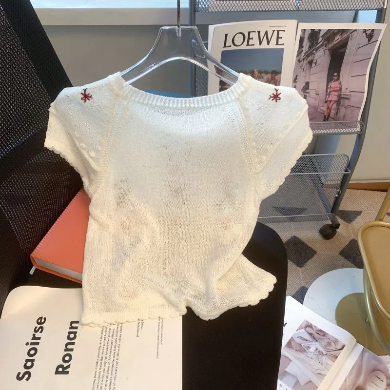 Women Summer Sweater Emboridered Flower Knitted Crew Neck Pullover Tee Short Sleeve Hollow Out  Korean Fashion Style Crop Top