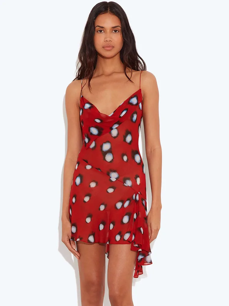 Sibybo Summer Low Chest Sleeveless Print Women Camis Dress Sexy Split Asymmetrical Ruffles Elegant Holiday Partywear Short Dress - view 5