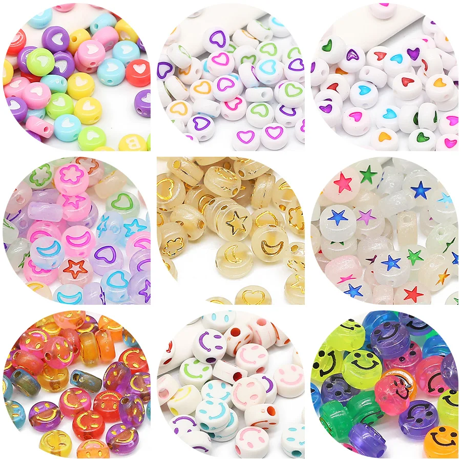 100-400pcs 4x7mm Mixed Heart Star Acrylic Flat Round Bulk Spacer Beads for Jewelry Making DIY Bracelet Necklace Accessories