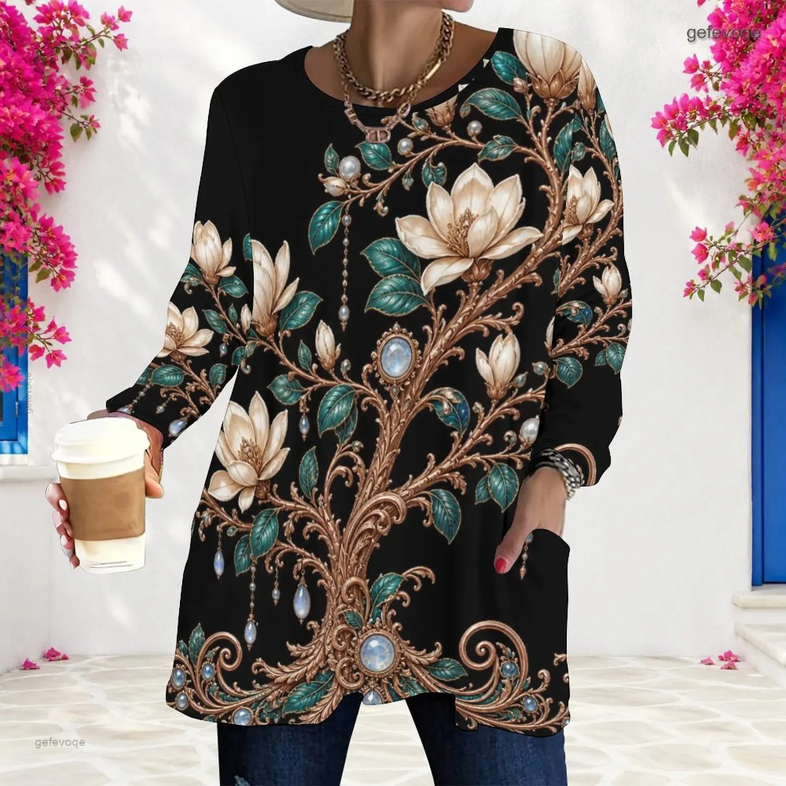 Women Round Neck Long Sleeve Large Floral Gem Swirl Print Loose Top with Pockets