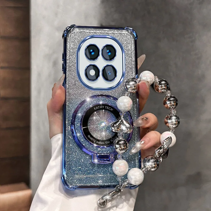 

Glitter Magnetic Holder Bracket Phone Case For Xiaomi Redmi Note 14 15 Pro Plus 15 15C 14C 14S 4G 5G Bow Bracelet Silicone Cover