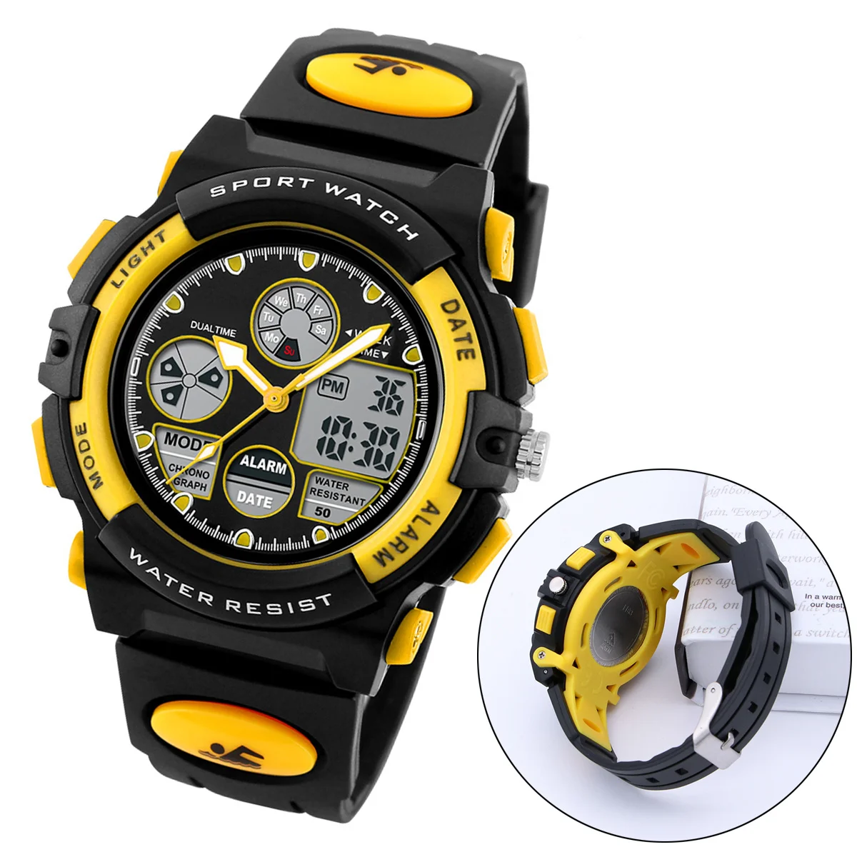 Waterproof Digital Sports Watch Yellow Multifunctional Outdoor Electronic Wristwatch 50m Water Resistant PU Band Stopwatch Night