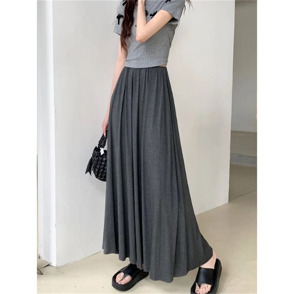 Korean Pleated Ruffles Design Maxi Long Skirt Spring Summer 2026 Soft Skirts Modal Women's Gray Skirt High Waist A-line Skirt