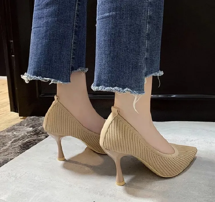 Fashion Knitted Breathable Women Pumps 2024 New Pointed Toe High Heels Lady Shoes Wild Comfortable Thin Heel Office Work Shoes