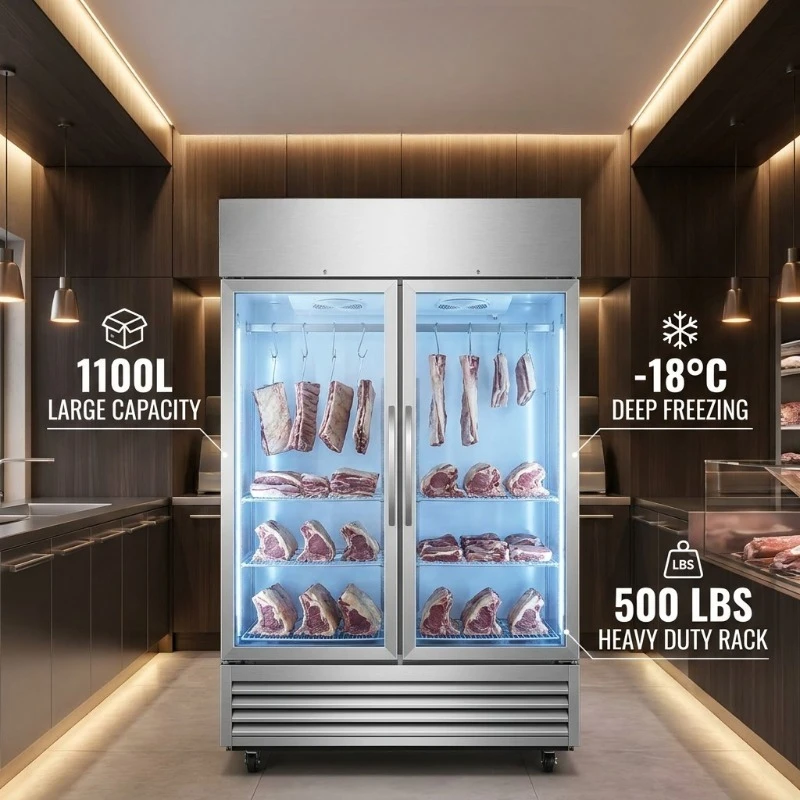Airo Commercial Stainless Steel Glass Double Door Meat Hanging Refrigerator Freezer for Beef Pork Storage Butcher Shop 1100L