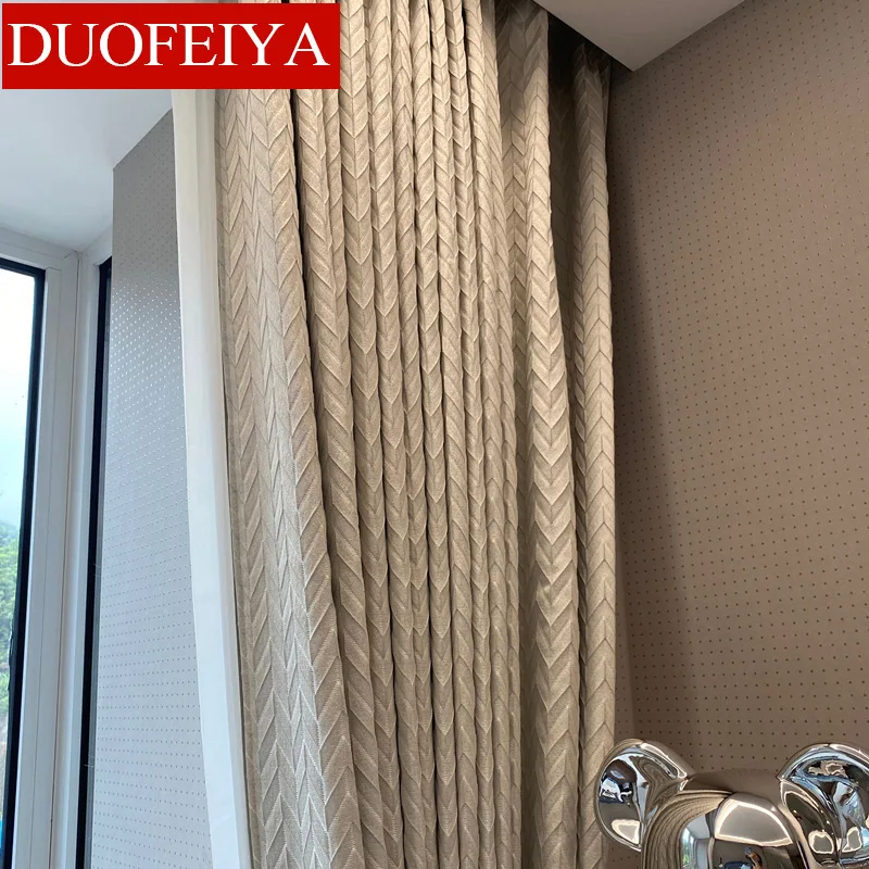 2023 New Beige Simple Lines Popular Light Luxury Curtains Living Room Bedroom Cotton and Linen Curtains Can Be Customized