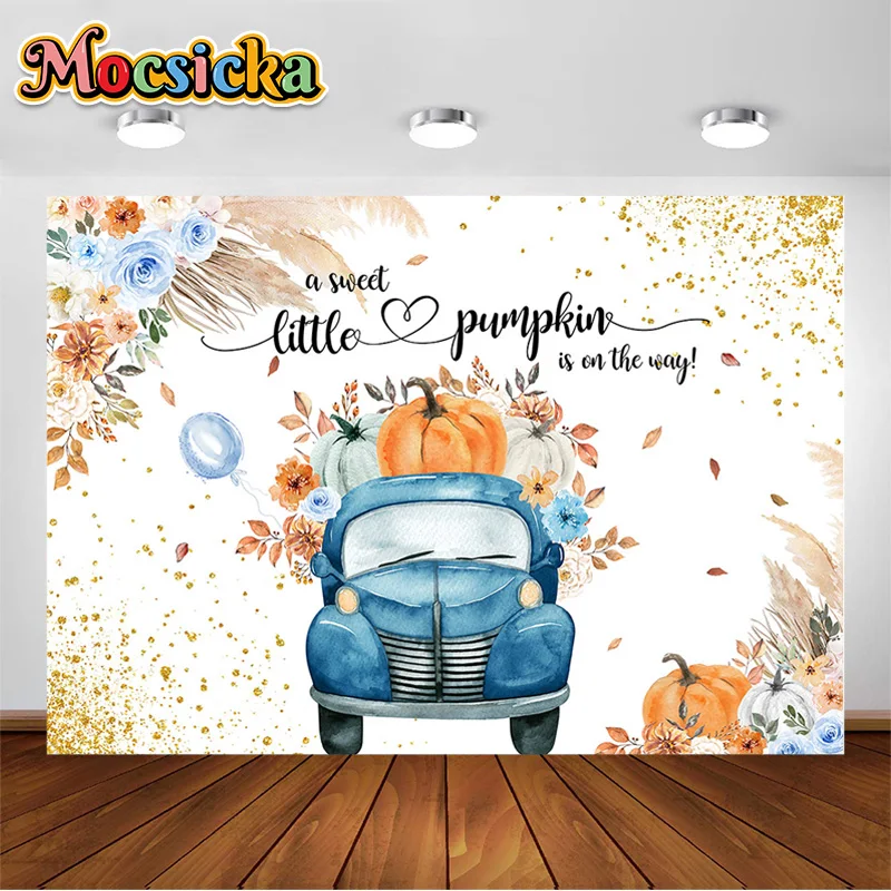 

Autumn Background Blue Truck Photography Backdrop for Baby Shower Pink Floral A Sweet Little Pumpkin is On The Way Photocall