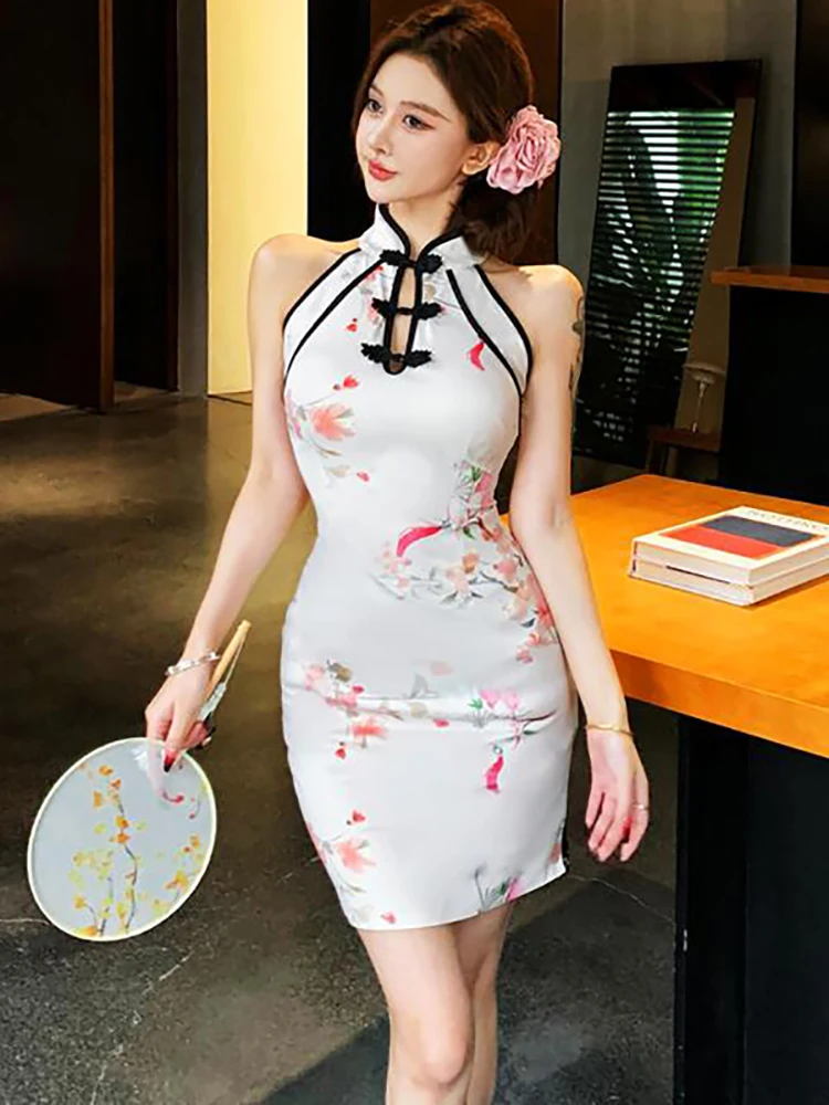 2025 White Floral Hollow Out Stand Collar Mini Dress Women Elegant Neck-mounted Sexy Dress Summer Korean Fashion Bodycon Dresses