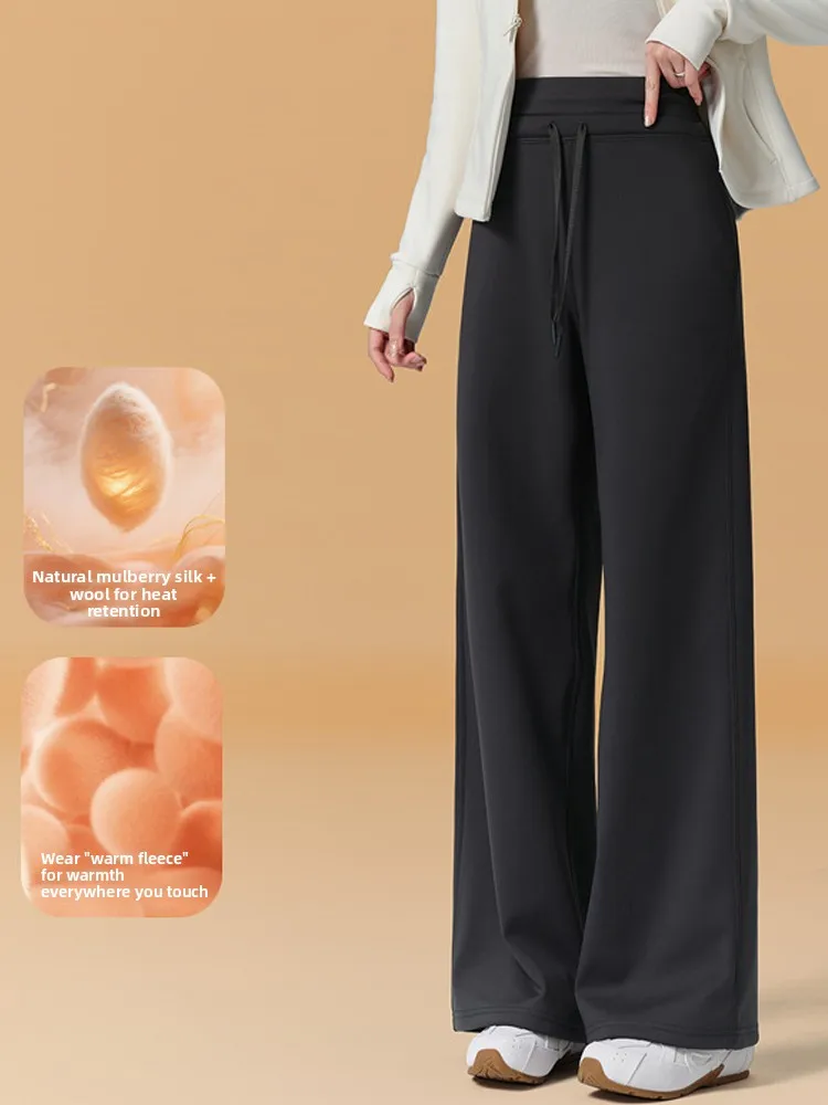 2025 New Women's arkskin Pants High Waist High Warmth Fce Dstring Straight Yoga Fitn Boting Trousers ey