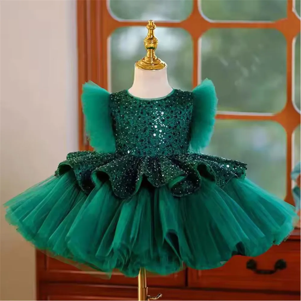 

Customized Flower Girl Dress For Wedding Tulle Sequins Knee Length Tiered Kids Birthday Party Dress First Communion Ball Gown