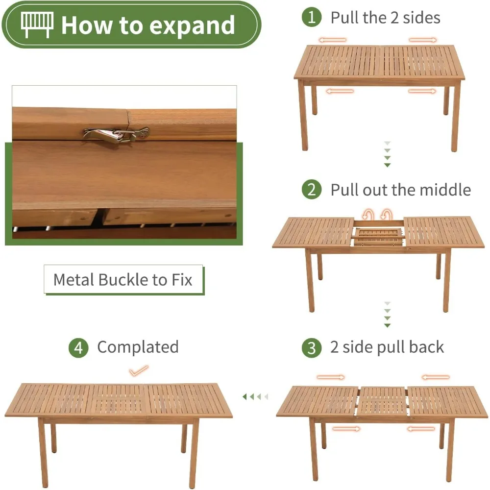 Ensemble de salle à manger en bois d'acacia, table rectangulaire extensible, 6 chaises empilables, meubles d'extérieur, 7 pièces