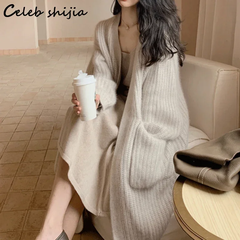 Korean Fashion Beige Cardigan Women Autumn Winter  Oversized Long Cardigan Long Sweater Female Pocket Streetwear Clothing