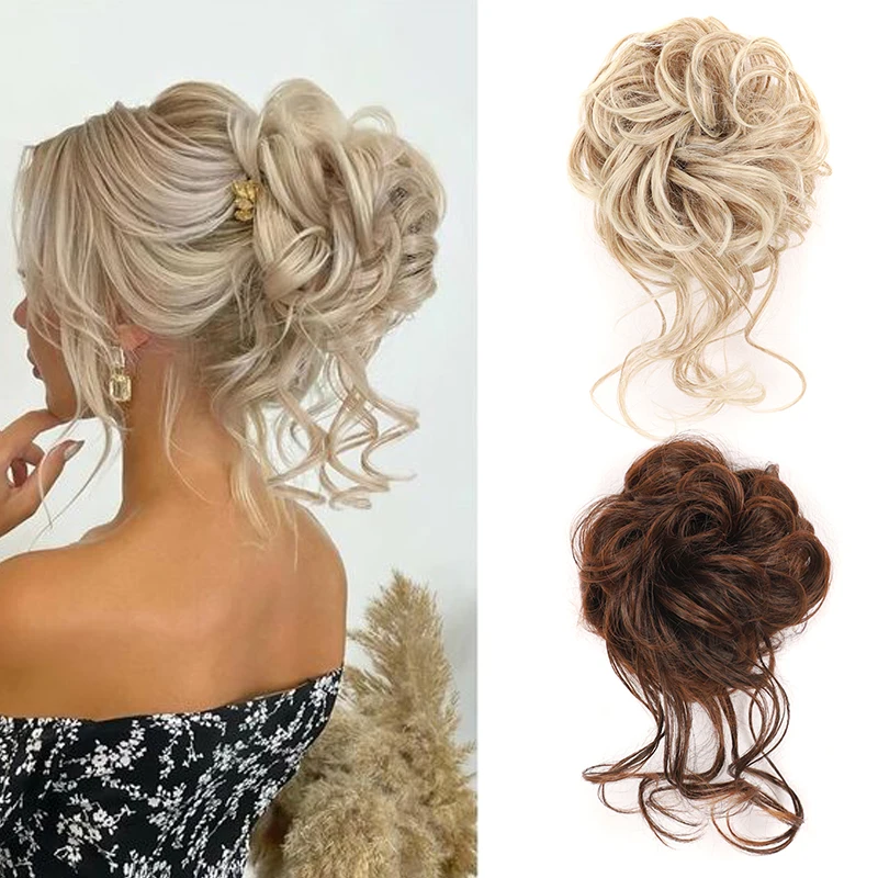 

Messy Hair Bun Chignon for Women 10'' Curly Elastic Scrunchies Hairpiece Extensions Ombre Blonde Synthetic Curls Updo Hair Bun