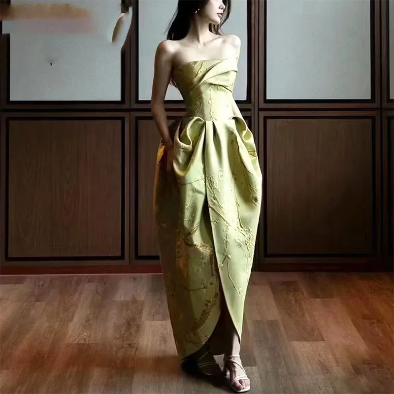 

Customized Fashion Green Strapless Formal Evening Dresses Printing Pattern Slit Celebrity Dresses فساتين سهرة