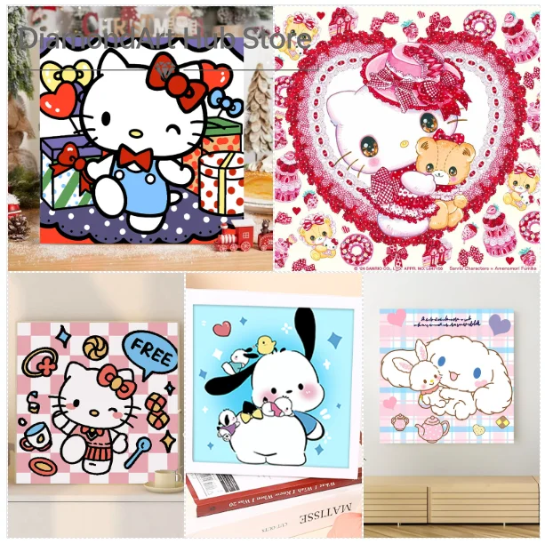 5D DIY Diamond Painting Cute Sanrio Cartoon Art, Gift Box Hello Kitty, Heart Lace Hello Kitty With Bear, Dessert Hello Kitty,