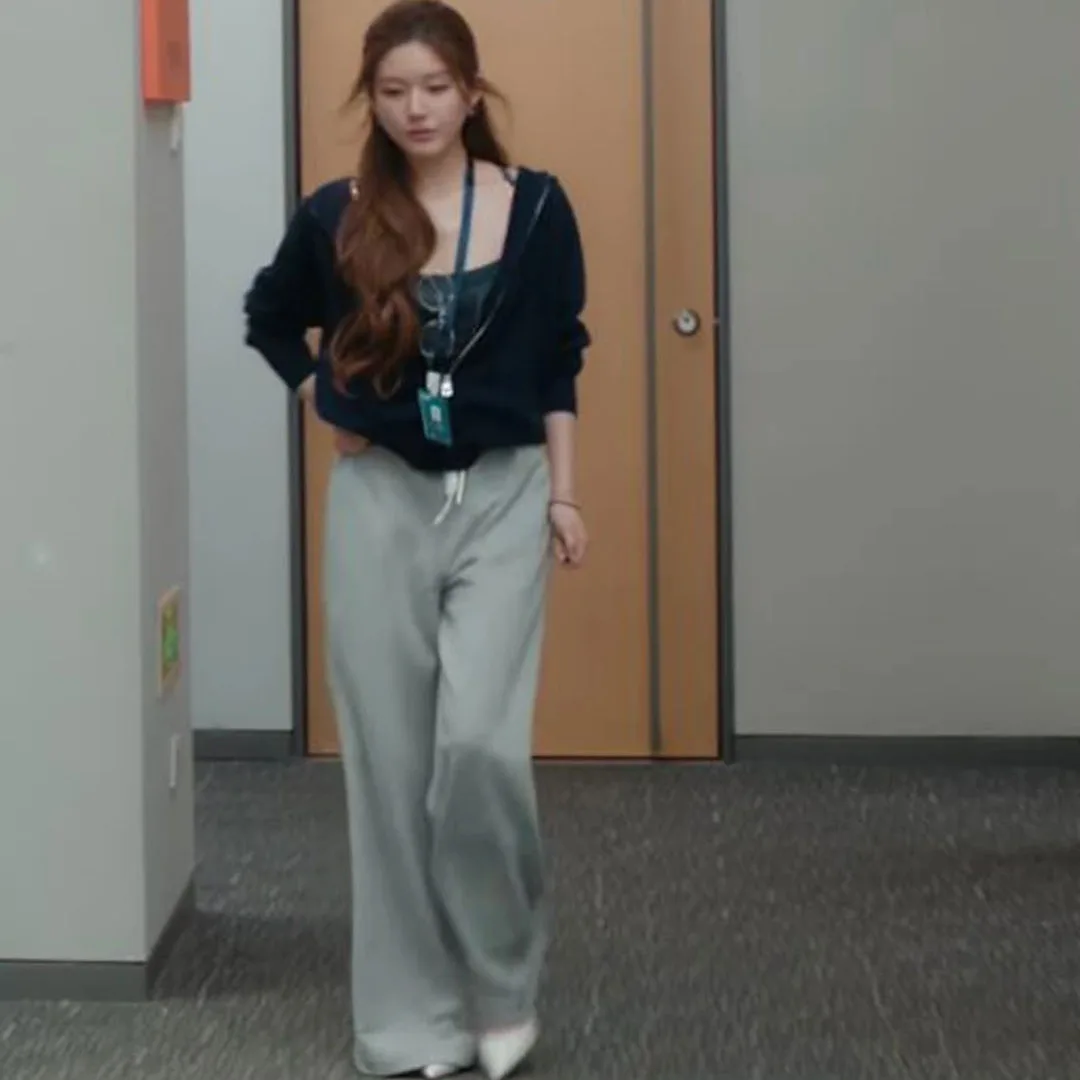 Cardigan aperto con cappuccio lavorato a maglia blu e pantaloni a gamba dritta Set pantaloni a vita alta da donna Faion Casual Wear Autunno 2025