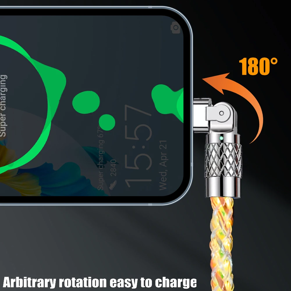 Luminous 180-degree Rotating Fast Charging Cable 120W 6A Micro Usb Type C Quick Charge Wire Cord for Samsung Xiaomi Huawei