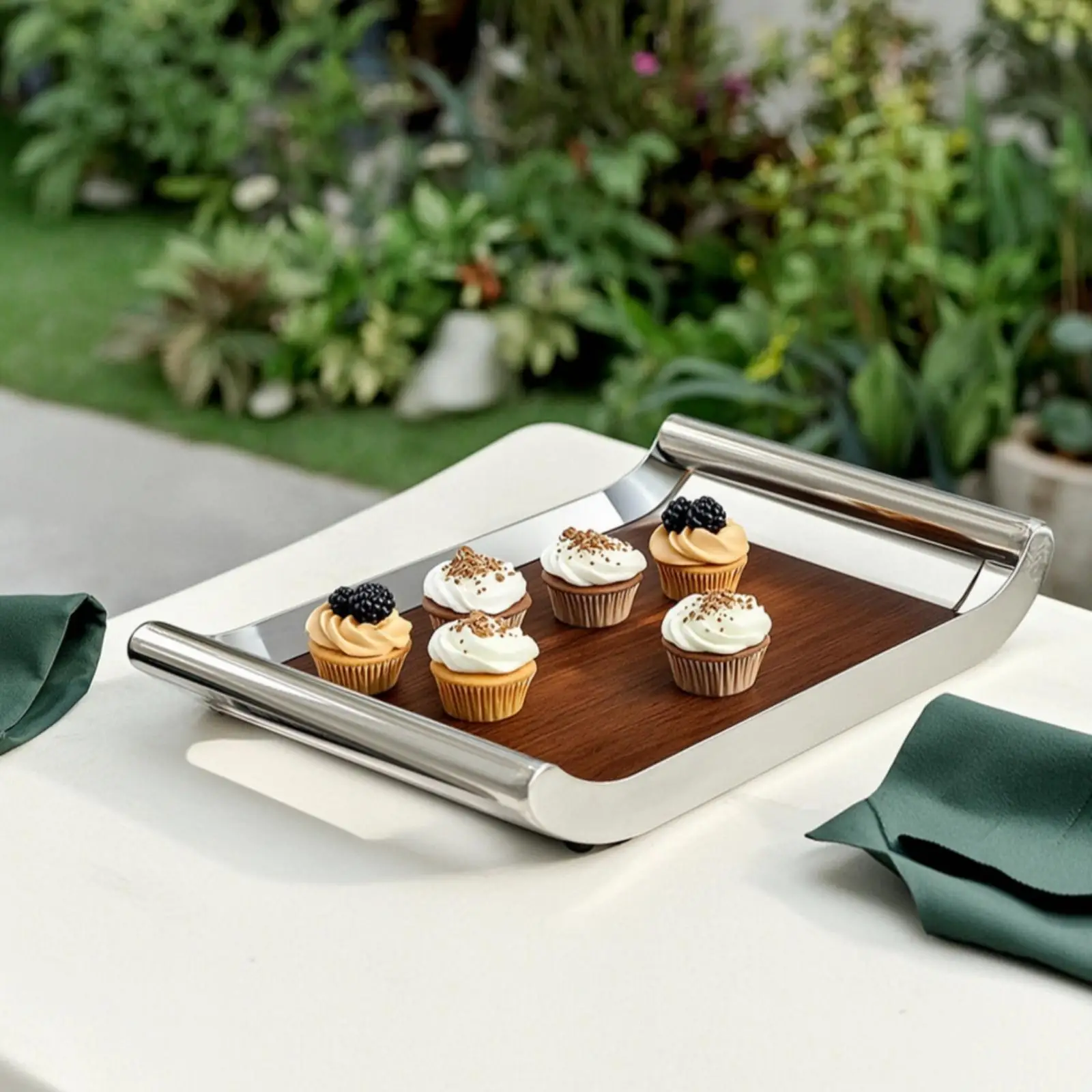 Wooden tray with metal handles, modern rectangular serving tray made of wood