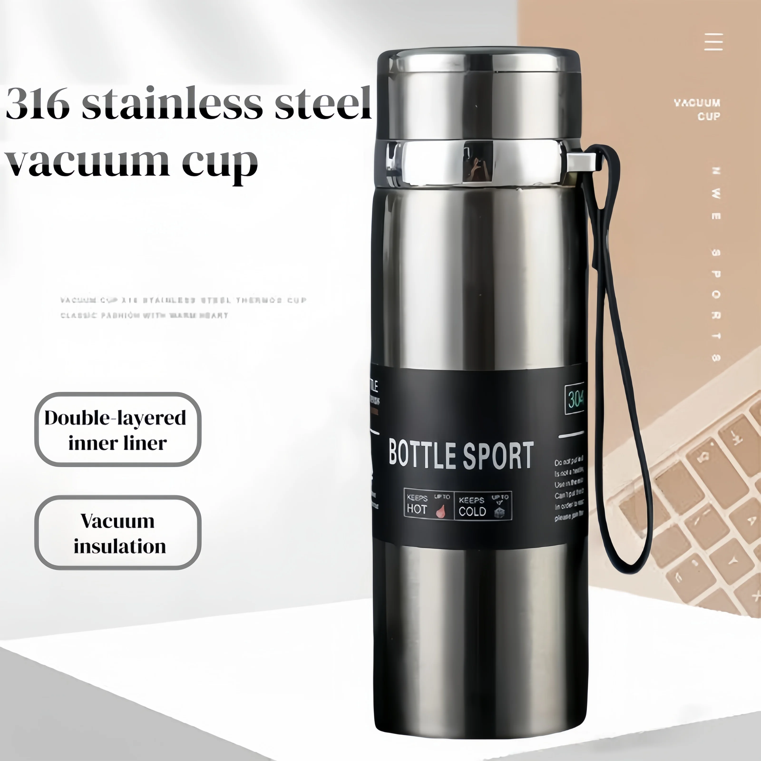 

Изолированная бутылка для воды из нержавеющей стали с ручной веревкой, термобутылка для воды без BPA для кофе, термос, бутылка для холода и горячего