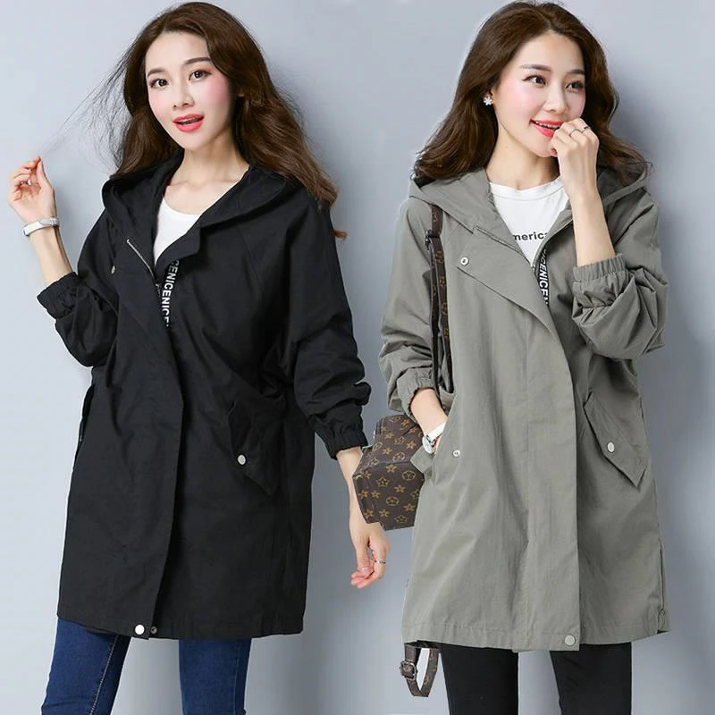 2024 Spring Trench Coat Women\'s Outerwear Loose 5XL Print Zipper Overcoat Double Layer Lining Windbreaker Female Casual Outwear