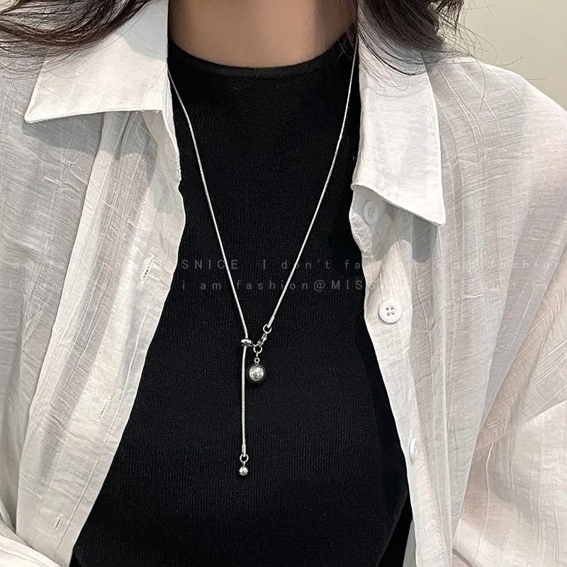 Metal Ball Pull Adjustable Long Necklace Sweater Chain Premium Fall Winter Elegant Women Standard Length Silver Tone
