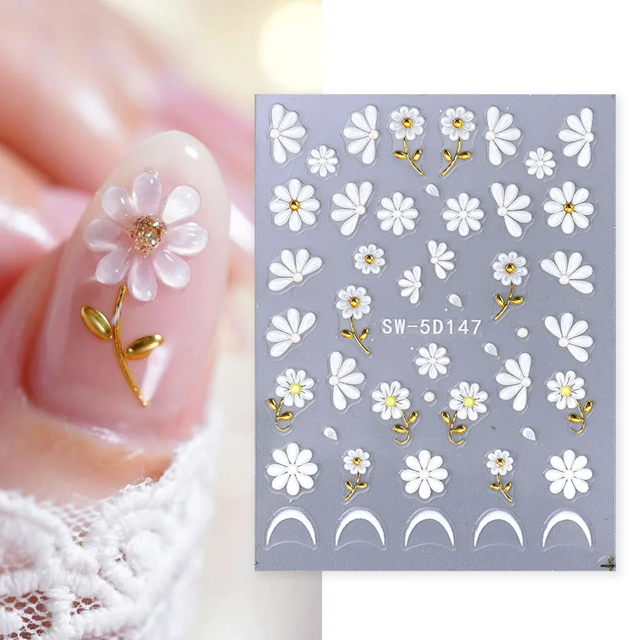 5D Clear Crystal Flowers Nail Embossed Sticker Gold Plant Simple Sunflowers Design Adhesive Sliders Summer Charm Floral Manicure