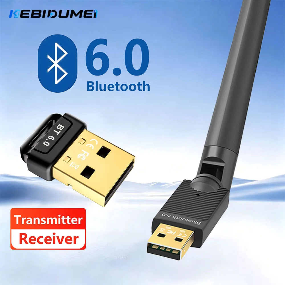 Kebidumei USB Bluetooth6.0 Adapter Wireless Audio Receiver Transmitter for PC Mouse Keyboard Headphone Speaker Windows 8.1/10/11