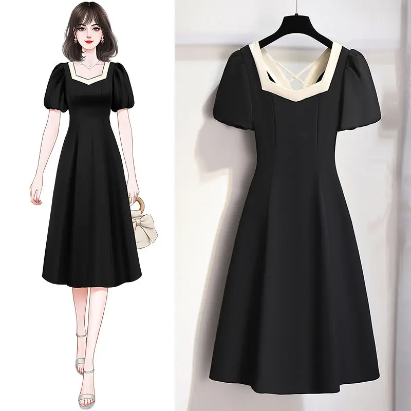 

French Black Senior Grace Temperament Bow Knot Square Neck Commuting Mature Simplicity Generous Women's A-line Skirt Summer 2024