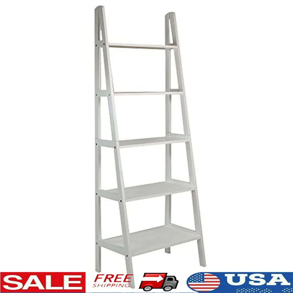 

5 Shelf Leaning Ladder Bookcase Durable Wood Storage Unit Living Room Bedroom Office
