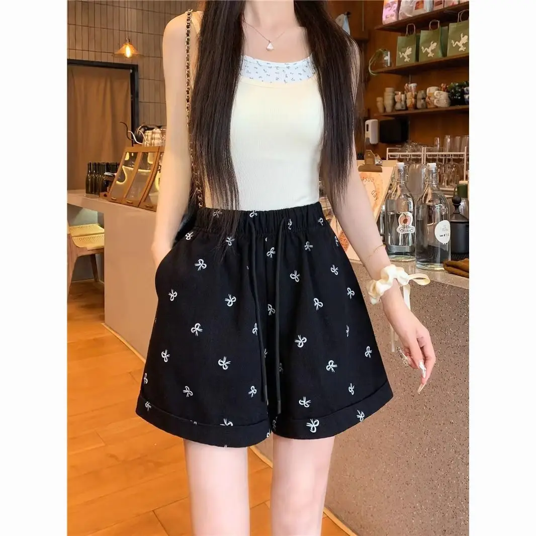 素敵な夏の女性服ワイドレッグパンツファム韓国甘い印刷ハイウエストバッファリーショーツ新しいカジュアル 5 クォーター P