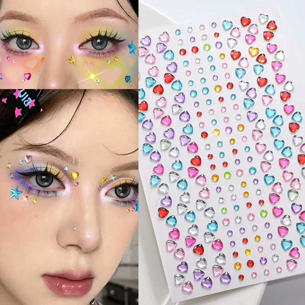 1Pcs 3D Iridescent Love-Heart Face Gems Self-Adhesive Stickers Sparkle Diamond Temporary Tattoos for Child Gril Eye Body Makeup