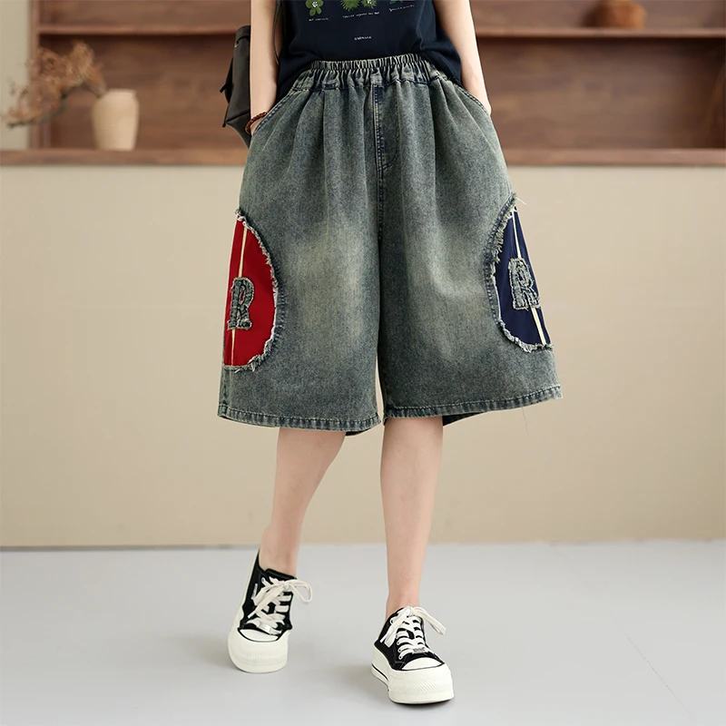 

High Waist Casual Jeans Women plus Size Summer New Style Patchwork Five Parts Wide Leg Pants Fashionable Commute Artistic Style