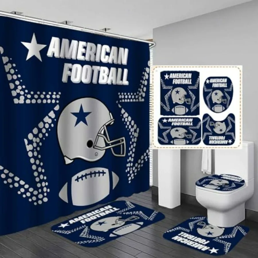 

4PCS Sports Shower Curtain Set American Football Helmet Stadium Grey Dots White Quotes Navy Blue Texas Star Touchdown Man Cave