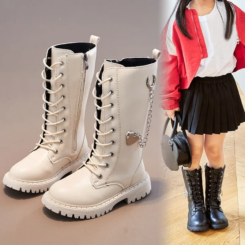 Girls\' Shoes Winter 2024 New Fashion Metal Chain British Style Children\'s Leather Boots Kids Anti-slip Princess Mid Calf Boots