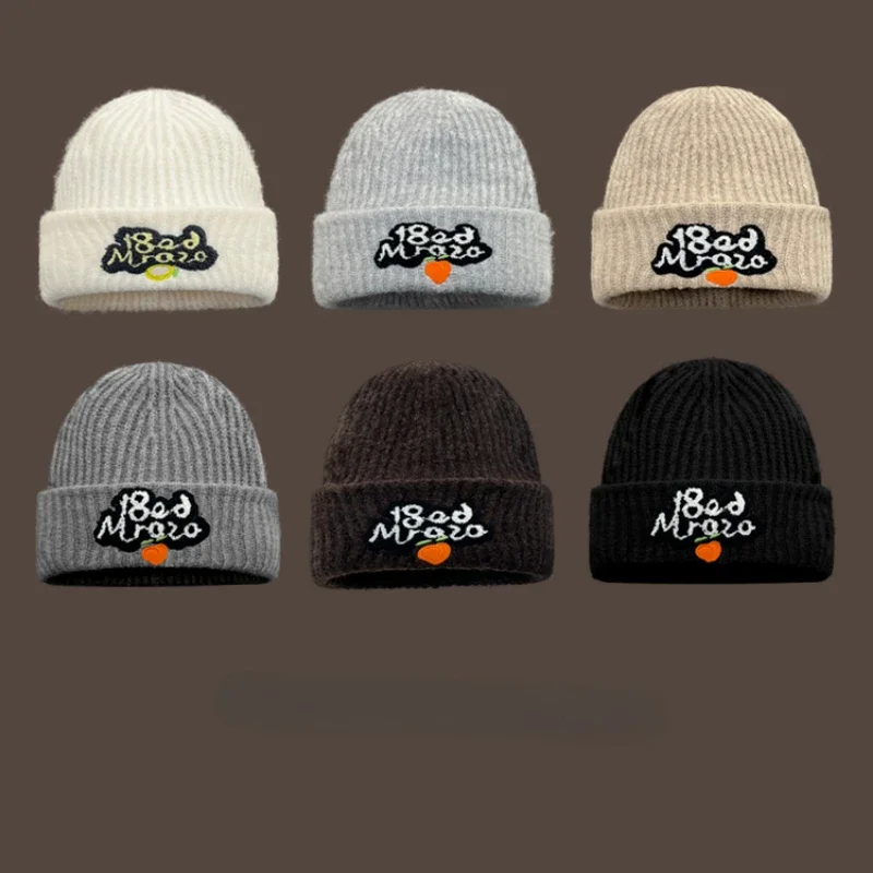 American Retro Trend Letter Sticker Embroidered Knitted Hat Winter Men's and Women's Warm Ear Protection Ski Skull Beanie Cap